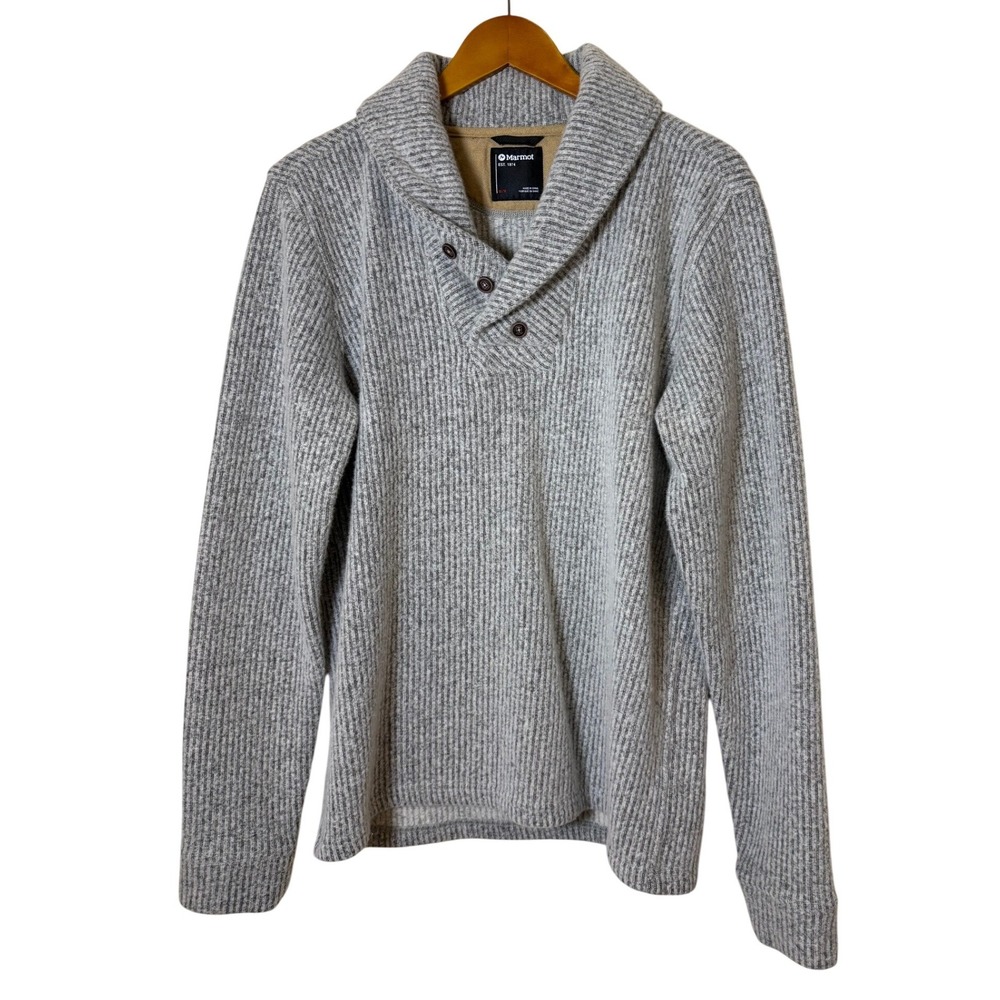 Marmot Men Sweater Medium Gray Shawl Collar Wool Blend Ribbed Gorpcore Cabin